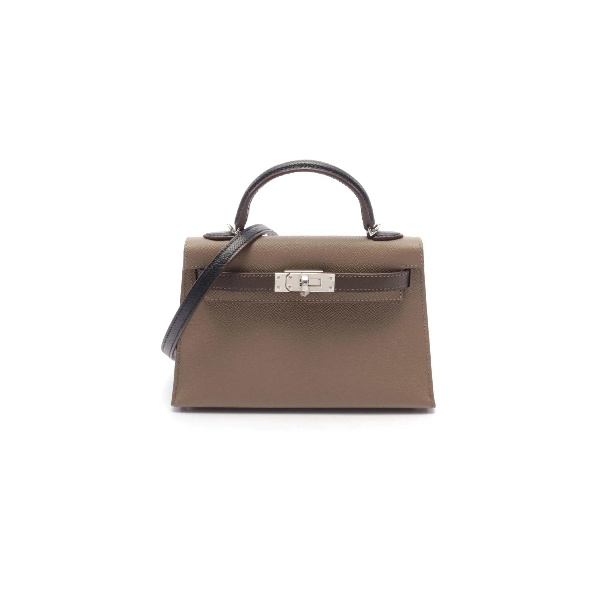 HERMÈS MASTER MINI KELLY II TRICOLOR ETOUPE ECORSE HANDBAG VEAU EPSOM GRAY BROWN BLACK SILVER HARDWARE OUTSIDE (19*12*5.5cm)